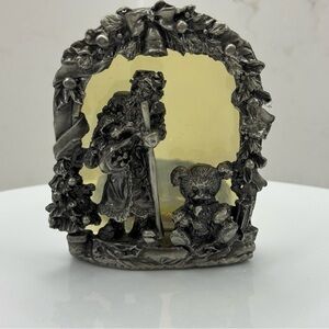 Vintage Old World Santa, Teddy & Garland Pewter Tea Light Candle Holder 3.25”